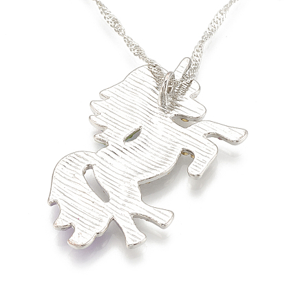 Alloy Pendant Necklaces, with Rhinestone and Iron Chains, Unicorn, Platinum