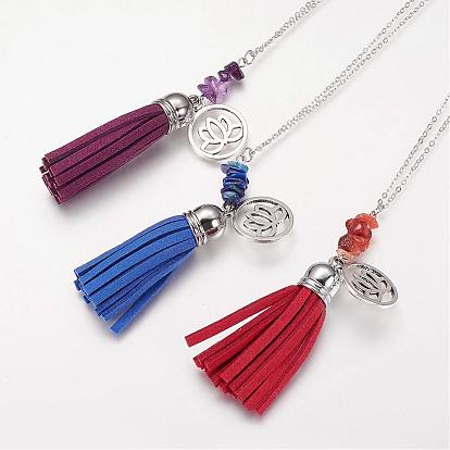 Suede Tassels Pendant Necklaces, with Natural Chip Gemstone Beads and Tibetan Style Lotus Pendants