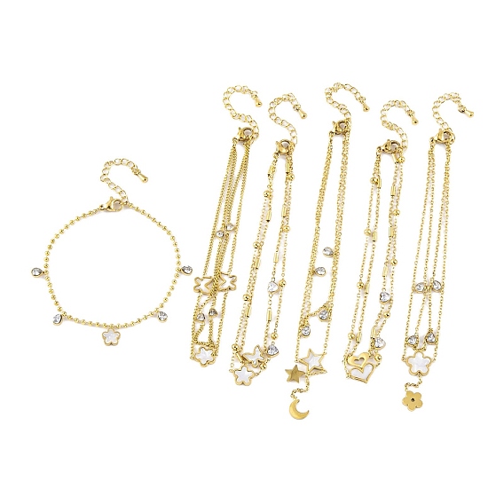 Ion Plating(IP) 304 Stainless Steel Chains Anklet, Cubic Zirconia & Synthetic Shell Charms Anklet, Golden