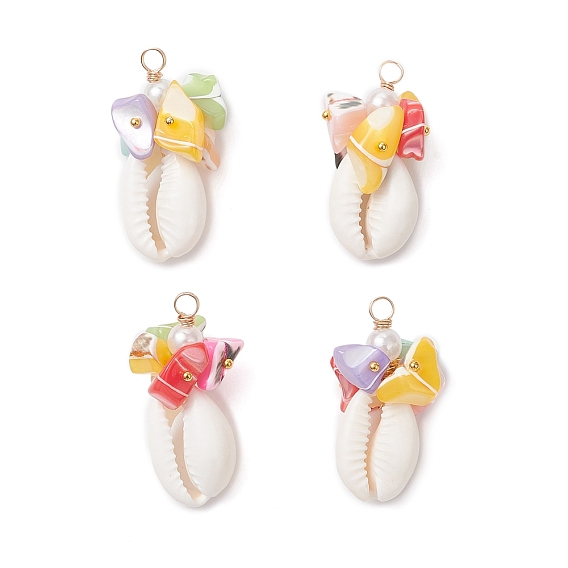 Подвески из натуральных ракушек каури и окрашенных натуральных ракушек трохид, подвески в форме ракушки с медной проволокой, обернутой в искусственный жемчуг, разноцветные