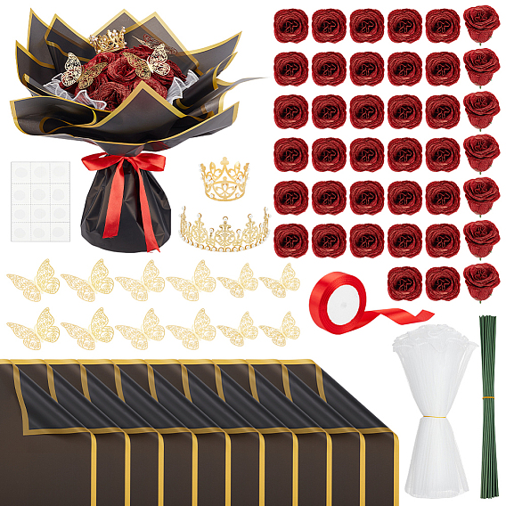 Наборы для самостоятельного изготовления букетов из искусственных роз из ткани., включая пластиковый стебель и оберточную бумагу., Полиэстеровая оберточная упаковка и лента, наклейки для домашних животных и алюминиевая корона