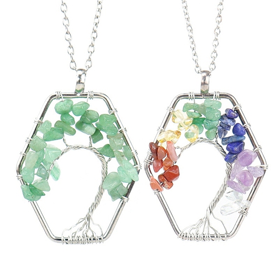 Natural Mixed Stone Chips Beaded Hexagon with Tree Pendant Necklaces, with Platinum Brass Chains