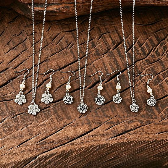 Zinc Alloy Imitation Pearl Flower Dangle Earrings & Pendant Necklaces Sets for Women