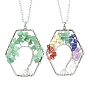 Natural Mixed Stone Chips Beaded Hexagon with Tree Pendant Necklaces, with Platinum Brass Chains