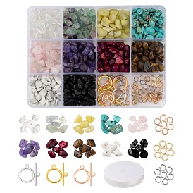 Kits de fabrication de bracelets de perles de brisures de pierre mélangées, y compris les perles de copeaux de pierres précieuses, fermoirs toggle, 304 anneaux de saut en acier inoxydable et fil élastique