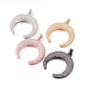 Brass Micro Pave Cubic Zirconia Pendants, Double Horn/Crescent Moon, Lead Free & Nickel Free, 32x29x5mm, Hole: 4x3mm