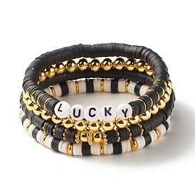 4 pcs 4 bracelets extensibles en perles heishi en argile polymère de style avec hématite synthétique, bracelets preppy mot chanceux pour femmes