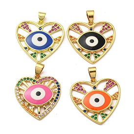 Real 18K Gold Plated Brass Pendants, with Cubic Zirconia and Enamel, Heart with Evil Eye Charms