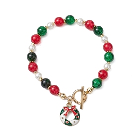 Christmas Theme Glass Beaded Bracelets,with Enamel Christmas Wreath Jewelry for Women