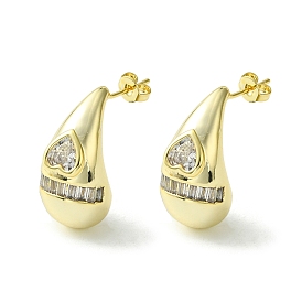 Brass with Cubic Zirconia Studs Earrings, Teardrop with Heart