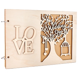 Gorgecraft Wooden Wedding Guestbooks Notepad, for Wedding Decoration, Rectangle with Hollow Tree and Cage, Word Love