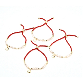 Adjustable Nylon Cord Slider Bracelets, Bolo Bracelets, with Natural Pearl Beads, Brass Beads and Brass Enamel Charms, Flat Round, Red