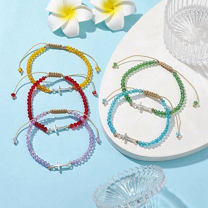 Tibetan Style Alloy Cross Link Bracelet, Glass Braided Bead Adjustable Bracelet