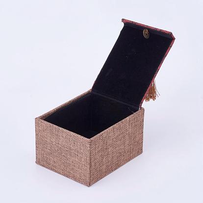 Wooden Bracelet Boxes, with Linen and Nylon Cord Tassel, Rectangle