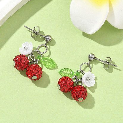 Вишня 304 серьги-гвоздики из нержавеющей стали ручной работы из полимерной глины со стразами, с латунными фрикционными гайками-ушкодержателями с покрытием из стойки, прозрачными акриловыми подвесками и колпачками из смолы, цвет нержавеющей стали