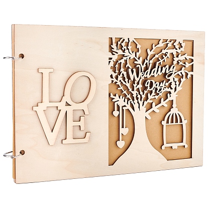 Wooden Wedding Guestbooks Notepad, for Wedding Decoration, Rectangle with Hollow Tree and Cage, Word Love