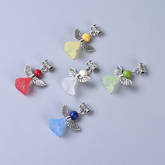 Transparent Frosted Acrylic Flower Pendants, with Tibetan Style Alloy Findings and Dyed Synthetic Turquoise Beads, Lovely Wedding Dress Angel Dangle