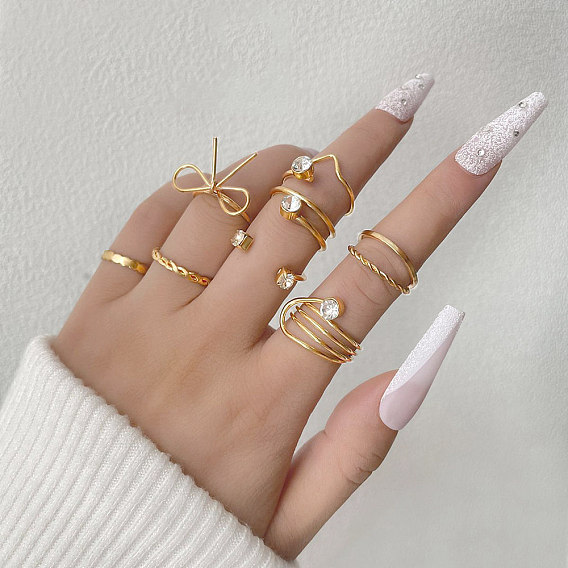 8шт. набор из латунных манжетных колец со стразами