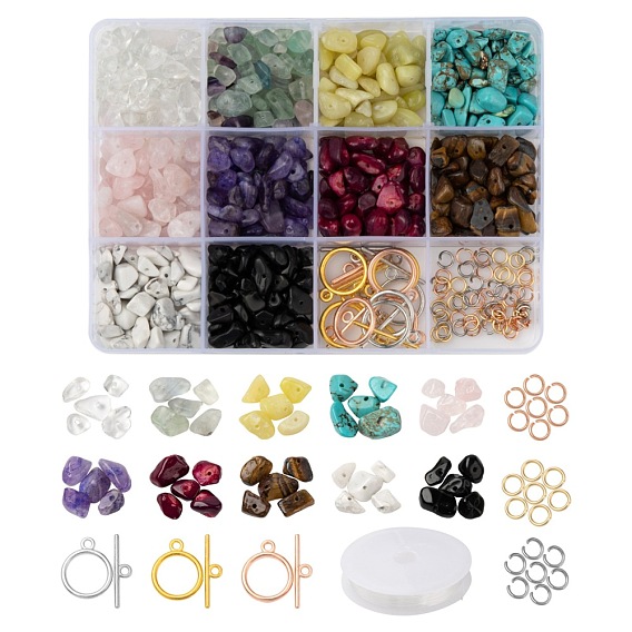 DIY Mixed Stone Chip Beads Bracelets Making Kits, Including Gemstone Chip Beads, Toggle Clasps, 304 Stainless Steel Jump Rings and Elastic Thread