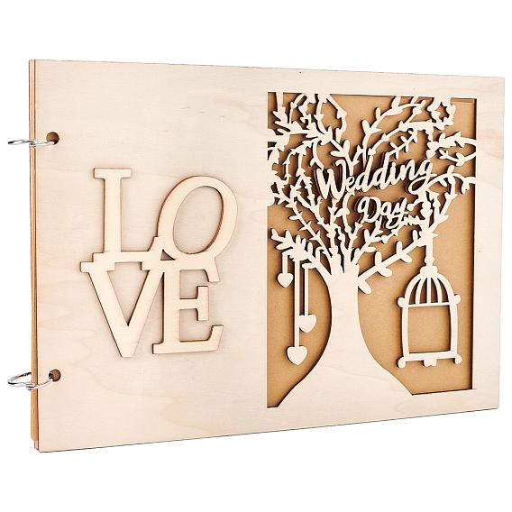 Wooden Wedding Guestbooks Notepad, for Wedding Decoration, Rectangle with Hollow Tree and Cage, Word Love