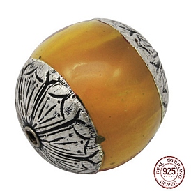 Perles de cire d'abeille, avec 925 capuchons de perles en argent sterling, tambour, antique couleur argenté de métal , chocolat, 26x24mm, Trou: 2mm