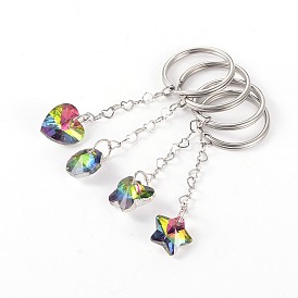 Stainless Steel Keychain, with Mixed Shapes Glass Pendant, 72~73mm
