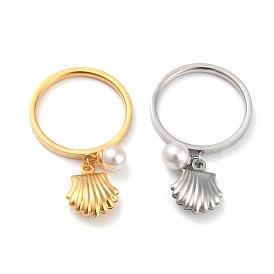Dual-use Items, 304 Stainless Steel Finger Rings or Pendants, with Plastic Round Beads, Shell, White
