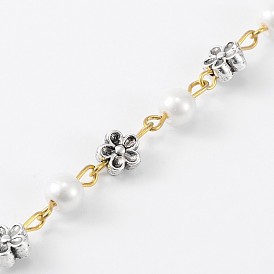 Handmade Round Glass Pearl Beads Chains for Necklaces Bracelets Making, with Tibetan Style Alloy Flower Beads and Iron Eye Pin, Unwelded, 39.3 inch