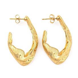304 Stainless Steel Stud Earrings, Textured Oval Half Hoop Earrings for Women