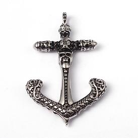 316 Surgical Stainless Steel Big Pendants, Anchor with Skull, 62x40x7mm, Hole: 4.5mm