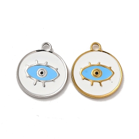 Ion Plating(IP) 304 Stainless Steel Enamel Pendants, Flat Round with Evil Eye Charm