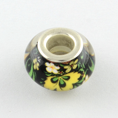 Large Hole Resin European Beads, with Silver Color Plated Brass Double Cores, Rondelle, 14x9~10mm, Hole: 5mm