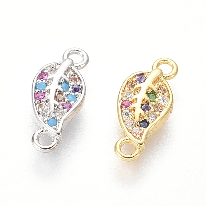 Brass Micro Pave Cubic Zirconia Links Connectors, Leaf, Colorful