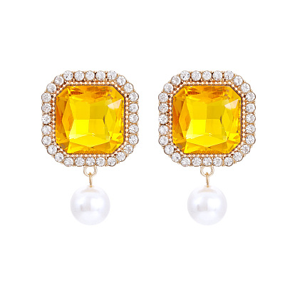 Colorful Square Glass Earrings with Sparkling Crystal and Pearl Pendant for Women
