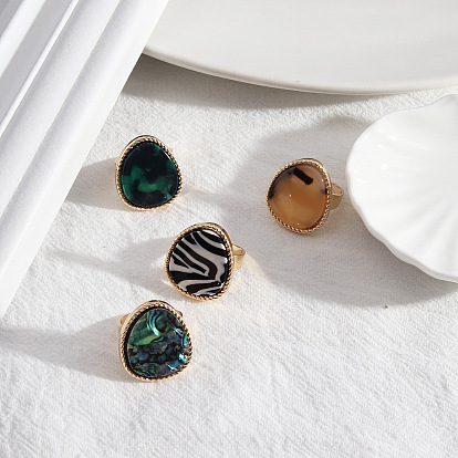 Geometric Abalone Shell Fashion Ring - Adjustable Open Design, Versatile and Personalized Jewelry