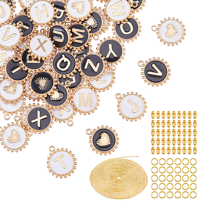 2сумки 2цветные сплавы эмалевые подвески, плоский круглый с буквой a~z подвеска, с 3m латунными шариковыми цепями и 60pcs латунными шариковыми соединителями и открытыми соединительными кольцами