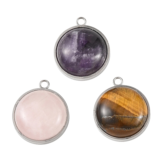 Природные и синтетические смешанные каменные подвески, плоские круглые 304 подвески из нержавеющей стали с оправой, цвет нержавеющей стали, смешанные окрашенные и неокрашенные