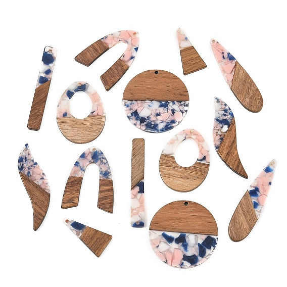 Walnut Wood & Transparent Resin Pendants, Mixed Shapes Charm