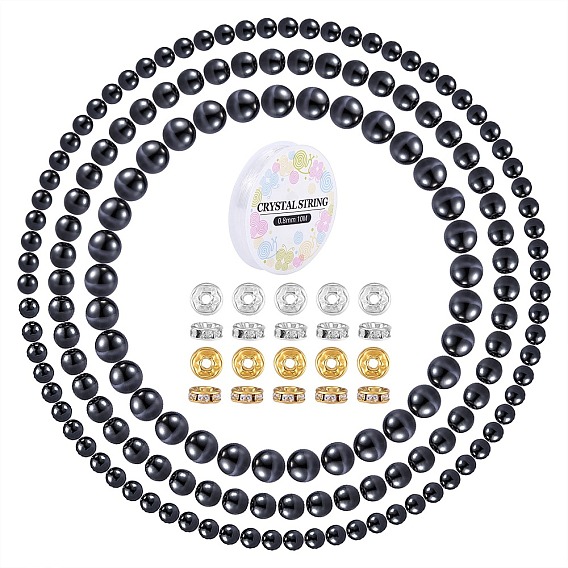 175шт немагнитные синтетические гематитовые круглые бусины для изготовления ювелирных изделий своими руками, с проставками из железа со стразами, Эластичная кристальная нить
