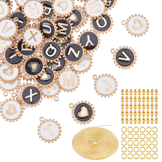 2сумки 2цветные сплавы эмалевые подвески, плоский круглый с буквой a~z подвеска, с 3m латунными шариковыми цепями и 60pcs латунными шариковыми соединителями и открытыми соединительными кольцами