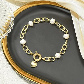 Brass Heart Pendant Textured Cable Chain Bracelets with Natural Cultured Freshwater Pearl Beads, White