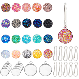 BENECREAT DIY Sparkling Flat Round Key Chain Making Kit, Including Resin Cabochons, 304 Stainless Steel Pendant Cabochon Settings, Iron Keychain Clasp Findings