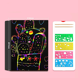 Scratch Rainbow Painting Art Paper, DIY Scratch Art, with 20 Sheets Paper Card, 4Pcs Drawing Stencils and 2Pcs Bamboo Sticks
