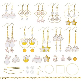 SUNNYCLUE DIY Dangle Earring Making Kits, 46Pcs Bunny & Planet Alloy Pendants and Round Glass Pearl Beads, Brass Findings & Linking Rings & Cable Chains