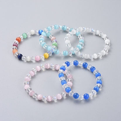 Stretch Bracelets, with Cat Eye and Glass Beads