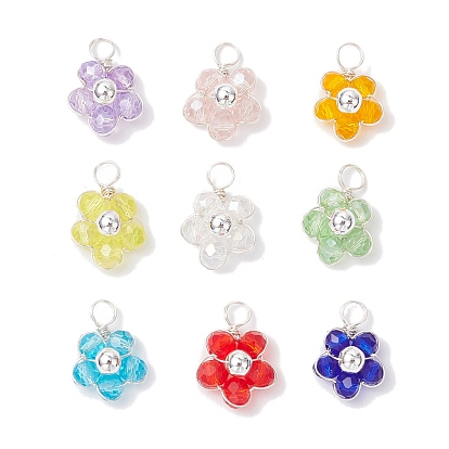 9шт 9 цвета граненые стеклянные круглые бусины подвески, цветок, с медной проволокой, стойки покрытие