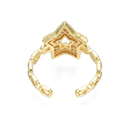 Cubic Zirconia Pentagram Open Cuff Ring, Real 18K Gold Plated Brass Chunky Ring for Women, Nickel Free