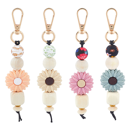 4 Décorations pendentifs en bois et silicone (pièces), fleur, fermoirs alliage pivotantes