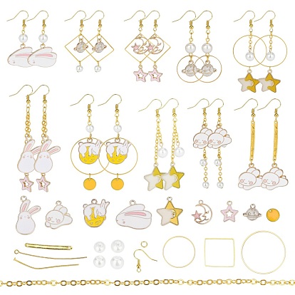 DIY Dangle Earring Making Kits, 46Pcs Bunny & Planet Alloy Pendants and Round Glass Pearl Beads, Brass Findings & Linking Rings & Cable Chains