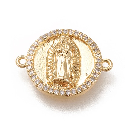 Brass Links Connectors, with Micro Pave Clear Cubic Zirconia, Flat Round with Virgin Mary